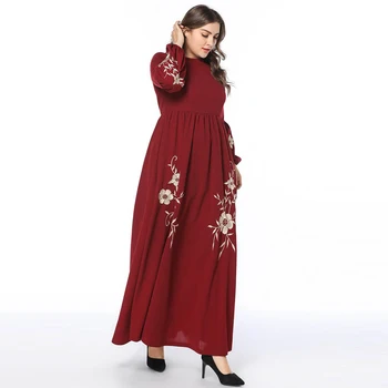 Naujų Gėlių Siuvinėjimas Plius Dydis Turkijos Moterų Abaja Suknelė Islamo Apranga Moterims Mados Žibintų Rankovės Musulmonų Suknelė Skraiste Vyno