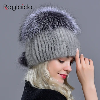 Nekilnojamojo audinės kailiniai skrybėlės moterims žiemos natūralaus lapės kailio pompom 2 kamuolius pūkuotas šiltas dangtelis mados purus originali kailio megztos kepurės