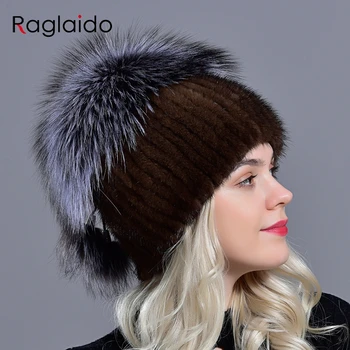 Nekilnojamojo audinės kailiniai skrybėlės moterims žiemos natūralaus lapės kailio pompom 2 kamuolius pūkuotas šiltas dangtelis mados purus originali kailio megztos kepurės