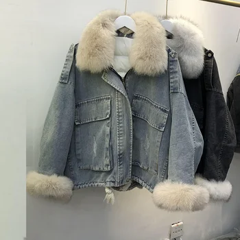 Nekilnojamojo Lapės Kailio Apykaklė 2020 Naujas Žiemos Aksomo Storio Džinsinio Žemyn striukė 90%Baltųjų Ančių Pūkų Paltai Moterų Prarasti Trumpas Žemyn Parko Outwear