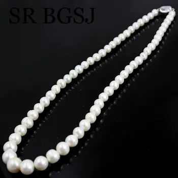 Nemokamas Pristatymas 6-11mm Baigė Apvalios Baltos Natūralių Gėlavandenių Perlų Mazgas Moterų Papuošalai Karoliai 18inch