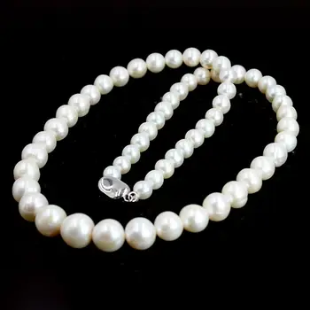Nemokamas Pristatymas 6-11mm Baigė Apvalios Baltos Natūralių Gėlavandenių Perlų Mazgas Moterų Papuošalai Karoliai 18inch