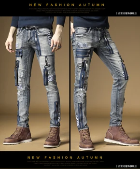 Nemokamas Pristatymas Naujos 2019 Vyrų mados vyriški džinsai Slim gatvės kortelės anga mens roko, metalo, hip-hop senojo siuvinėjimo džinsinio audinio kelnės