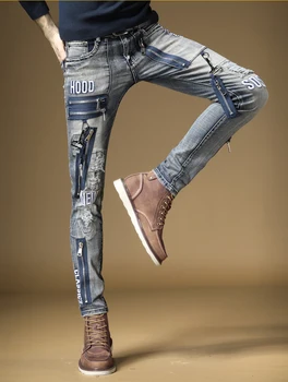 Nemokamas Pristatymas Naujos 2019 Vyrų mados vyriški džinsai Slim gatvės kortelės anga mens roko, metalo, hip-hop senojo siuvinėjimo džinsinio audinio kelnės