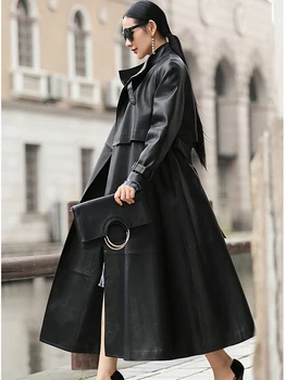 Nerazzurri juoda ilgai dirbtiniais odos tranšėjos paltai moterims, diržas Raglan rankovėmis pavasarį, rudenį kailis moterų plius dydis laisvas paltas
