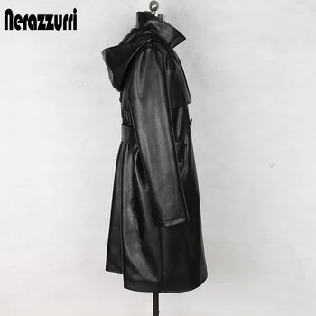 Nerazzurri mados tranšėjos paltai moterims plius dydis juodas klostuotas ilgomis rankovėmis su gobtuvu rudenį dirbtiniais odinė striukė moterims 5xl 6xl 7xl