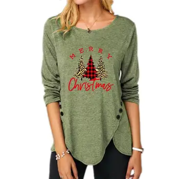 Nereguliarus Mygtuką ilgomis Rankovėmis Kalėdų Spausdinti Lady T-shirt Moterims, Atsitiktinis Palaidų O-Kaklo Viršų Rudenį Harajuku Plus Size Green Tees 5XL