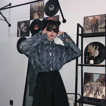 NiceMix Harajuku Streetwear Korėjos Moterys Žmogus, Negabaritinių Gyvatė Punk Mados Gotikos Ilgomis Rankovėmis Palaidinė Top Marškinėliai Blusas Boho Vintag