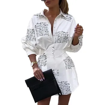 Office Lady Moterų Marškinėliai Suknelė Ilgomis Rankovėmis Spausdinti Laiškas Marškinėliai Suknelė Atsitiktinis Pasukite Žemyn Apykaklės Paprasta Balta Mini Suknelė Rudenį