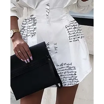 Office Lady Moterų Marškinėliai Suknelė Ilgomis Rankovėmis Spausdinti Laiškas Marškinėliai Suknelė Atsitiktinis Pasukite Žemyn Apykaklės Paprasta Balta Mini Suknelė Rudenį