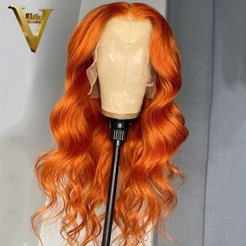 Oranžinė Žmogaus Plaukų Perukai Kūno Banga Imbieras Spalvoti Perukai Moterims Remy Brazilijos Nėrinių Dalis Perukai Su Skaidriu Nėrinių Prieš Nupeštos
