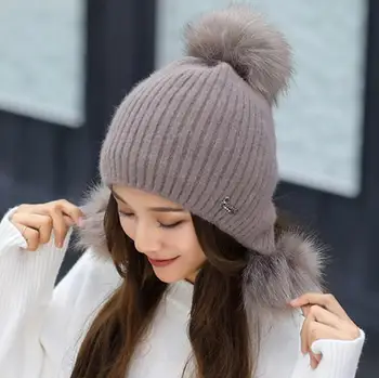 OZyc Triušio kailio megzta kepurė moteriška rudens ir žiemos megzti skrybėlę atsitiktinis visas rungtynes, saldus megzti skrybėlę Earmuffs šiltas vilnos kepurė