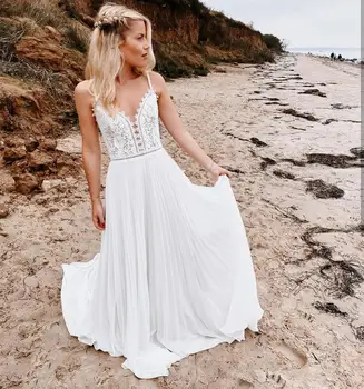 Paplūdimys Vestuvių Suknelė 2021 Paprastas Minkštas Šifono Spageti Dirželis Grindų Ilgis Rankovių Nėrinių Bohemijos Vestuvinės Suknelės Chalatas De Mariee