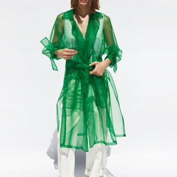 Pavasario 2020 m. Moteris Prašmatnus Organza Žalia Tranšėjos Paltai Rudenį Ilgai Skaidriai Moterų Švarkelis, Vasarą nuo Saulės Outwears Diržas V-kaklo