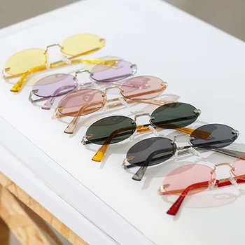 Peekaboo vyrų frameless ovalo formos akiniai nuo saulės moterims, metalo 2020 maži, apvalūs saulės akiniai vyrų retro aišku spalva žalia geltona