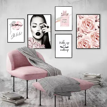 Pink Gėlių Kvepalai Mados Plakatas Blakstienų, Lūpų Makiažas Spausdinti Drobė Meno Tapybos Sienos Nuotraukas Šiuolaikinės Mergina Kambaryje Namų Puošybai