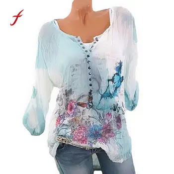 Plius Dydis Drabužių Šifono Viršūnes Moterų Atsitiktinis Gėlių Spausdinti Mygtuką Marškinėliai Nereguliarus Hem Viršuje Palaidinė Camisas Mujer /PY