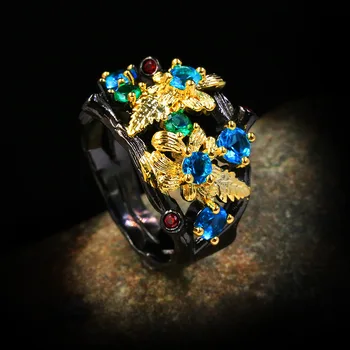 Ponios Naujas Dviejų atspalvių Gėlių Spalvos Cirkonis Juodojo Aukso Žiedas Bohemišką Stilių Vestuvių Papuošalai Ponios 925 Sidabro Žiedas Papuošalų