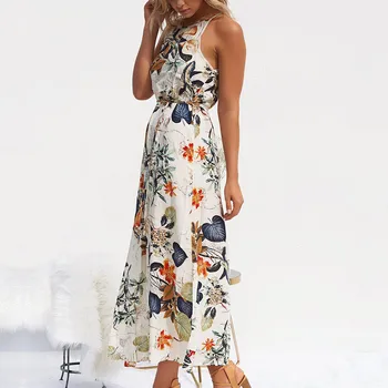 Ponios Spausdinti Gėlių Ilgai Boho Bohemijos Paplūdimio Vasaros Suknelė Moterims Sundress Seksualus Apynasrio Rankovių Maxi Vintage Suknelė