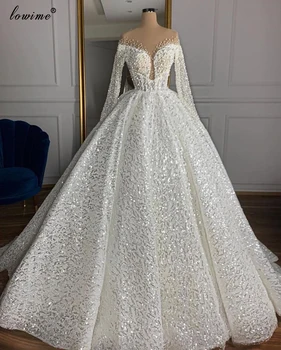 Prabanga Princesė Perlų Vestuvių Suknelės 2020-Line Ilgomis Rankovėmis Vestuvių Suknelės Blizga Vestido De Noiva Blizgančiais Chalatas De Mariee