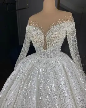 Prabanga Princesė Perlų Vestuvių Suknelės 2020-Line Ilgomis Rankovėmis Vestuvių Suknelės Blizga Vestido De Noiva Blizgančiais Chalatas De Mariee