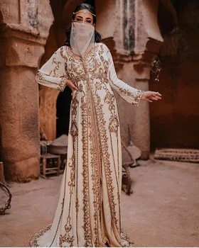 Prabangus Aukso Nėrinių Maroko Kattan Vakaro Suknelės Ilgomis Rankovėmis Aukso Appliques Prom Chalatai Dubajus, Saudo Arabija Oficialų Suknelė