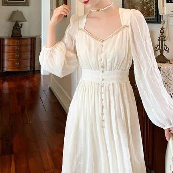 Prancūzijos Elegantiškas Ilgas Pasakų Suknelė Visiškai Rankovėmis Moterims Aikštėje Apykaklės Vintage Suknelė Šalis Vestuvių Vienas Gabalas Rudenį moteriški Drabužiai