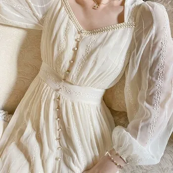 Prancūzijos Elegantiškas Ilgas Pasakų Suknelė Visiškai Rankovėmis Moterims Aikštėje Apykaklės Vintage Suknelė Šalis Vestuvių Vienas Gabalas Rudenį moteriški Drabužiai