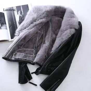 Pranešk apie netikrą avių PU odinė striukė didelis kailių apykaklės juodos spalvos naujas mados aukštos kokybės dirbtinių avikailio wintershort paltai outwear