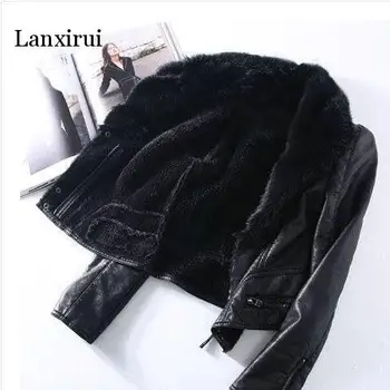 Pranešk apie netikrą avių PU odinė striukė didelis kailių apykaklės juodos spalvos naujas mados aukštos kokybės dirbtinių avikailio wintershort paltai outwear