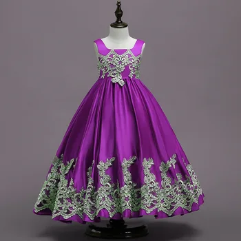 Princess Royal Blue Grindų Ilgis Gėlių Mergaičių Suknelės Aukso Aplikacijos Merginos Inscenizacija Suknelė, Pirmosios Komunijos Suknelės, Šaliai Suknelė