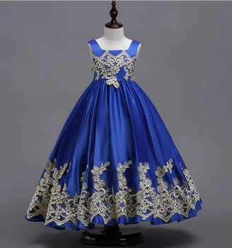 Princess Royal Blue Grindų Ilgis Gėlių Mergaičių Suknelės Aukso Aplikacijos Merginos Inscenizacija Suknelė, Pirmosios Komunijos Suknelės, Šaliai Suknelė