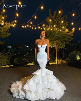 Puošnus Ilgas Undinė Vakarinę Suknelę 2020 Brangioji Dubajus Dizaino White Satin Raukiniai Balta Oficialią Šalies Chalatai