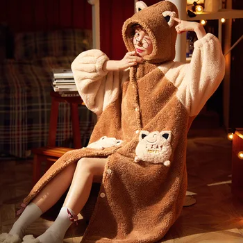 Pūkuotas Chalatas, Mergina Pižamą Koralų Vilnos Sleepwear Animacinių Filmų Cardigan Mygtukai Gobtuvu Chalatas Moterims Storas Šiltas Žiemos Homewear