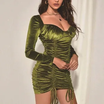 Raišteliu Seksuali Suknelė Rudens Žiemos Drabužių Moterų Mados Elegantiškas Plisuotos Klubo Mini, Žalios Spalvos Suknelė Ilgomis Rankovėmis Slim Vestidos
