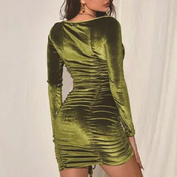Raišteliu Seksuali Suknelė Rudens Žiemos Drabužių Moterų Mados Elegantiškas Plisuotos Klubo Mini, Žalios Spalvos Suknelė Ilgomis Rankovėmis Slim Vestidos
