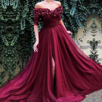 Raudona Vakaro Suknelės 2019 nuo Peties-Line Pusė Rankovės Tiulio Ritininės Klostes Dubajus, Saudo arabų Ilgai Šalies Promenadzie Suknelė