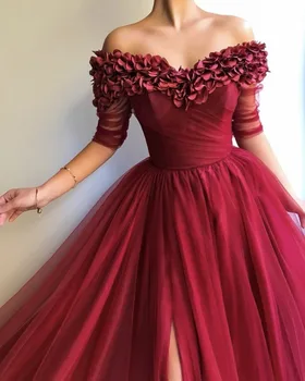 Raudona Vakaro Suknelės 2019 nuo Peties-Line Pusė Rankovės Tiulio Ritininės Klostes Dubajus, Saudo arabų Ilgai Šalies Promenadzie Suknelė