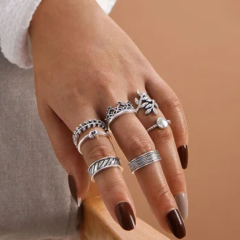 Retro asmenybė lady žiedai su geometrinių lapų mazgas lajos pločio pinstripe žiedas 7-piece set moterų šalis dovanos