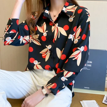 Retro Honkongo Stilius, Spausdinta Moterų Marškiniai Rudenį 2021 Naujų korėjos Prarasti Šifono Palaidinė ilgomis Rankovėmis Viršų Moteriška Camisa 11000