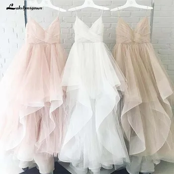 Romantiška Priekiniai Baltos spalvos Grindų Ilgio Paplūdimys Vestuvių Suknelė 2020 Vestuvinės Suknelės Dirželiai Tiulio Užtrauktukas Atgal su 30cm uodegą Vestido De Noiva