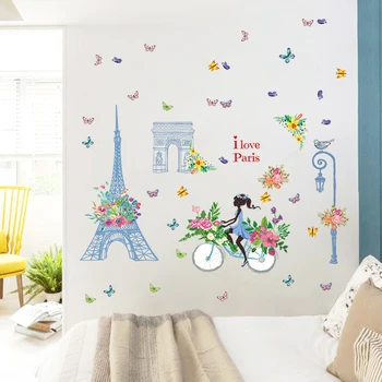 Romantiškas Paryžiaus Siena Lipdukas Vaikams Kambariai Eifelio Bokštas Gėlių Drugelis Pasakų Mergina Jojimo Sienos Meno Decal Namų Dekoro Freskos