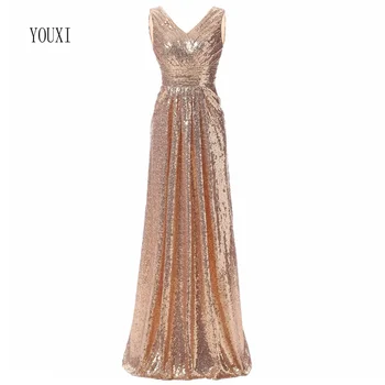 Rose Aukso Blizgučiais Bridesmaid Dresses 2020 Elegantiškas Ilgas Vestuves Svečias Suknelė vestidos de fiesta de noche Prom Dress