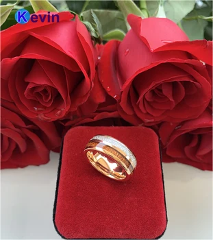 Rose Aukso Vestuvinį Žiedą, Volframo Karbido Žiedas Dvigubas, Su Grioveliais Medienos Ir Meteority Apdaila