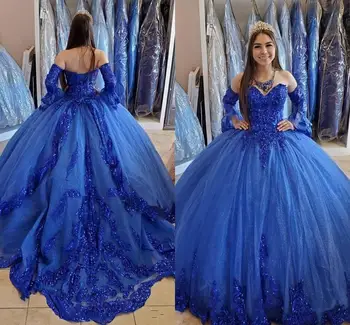 Royal Blue Princess Suknelės Quinceanera Šalis 2020 Blizgančiais Zawalcowany Brangioji Nėriniai-up Sweet 16 Mergaičių Prom Oficialią Chalatai
