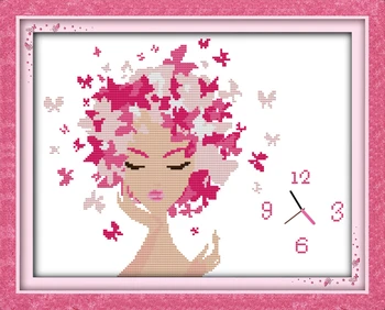 Rožinė moteris kryželiu rinkinys 14ct 11ct skaičius spausdinimo drobės sieninis laikrodis siūlės siuvinėjimo 