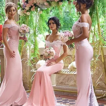 Rožinė Pigūs Bridesmaid Dresses Pagal 50 Undinė Nuo Peties Satino Nėriniais Ilgai Vestuvės Suknelės Moterims