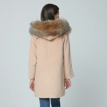 Rudens ir žiemos paltai moterims 2020 naujų Ragų Mygtuką Vilnos, Vilnonis Tirštėti paltas su natūralaus nekilnojamojo didelių meškėnas kailių Gobtuvu casaco feminino