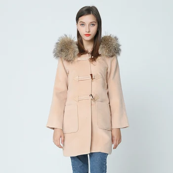 Rudens ir žiemos paltai moterims 2020 naujų Ragų Mygtuką Vilnos, Vilnonis Tirštėti paltas su natūralaus nekilnojamojo didelių meškėnas kailių Gobtuvu casaco feminino