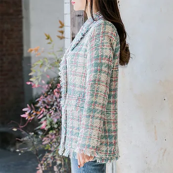 Rudenį 2020 M. Moteris Naujų Korėjos Stiliaus Chalatą Ilgomis Rankovėmis Pledas Dvigubo Breasted Atsitiktinis Įpjovomis Kailis